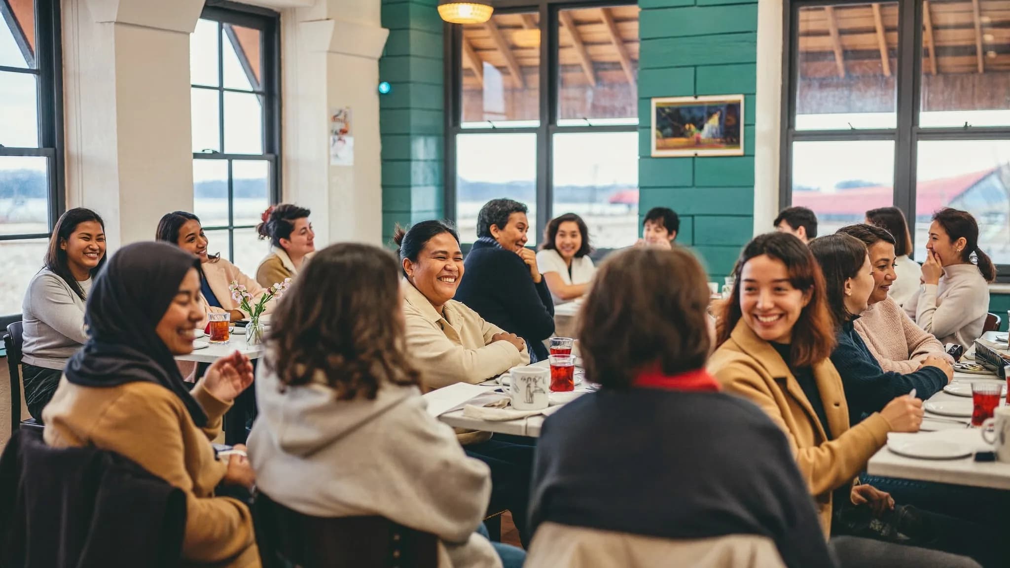 A diverse group of women talking and laughing around tables at a community gathering
