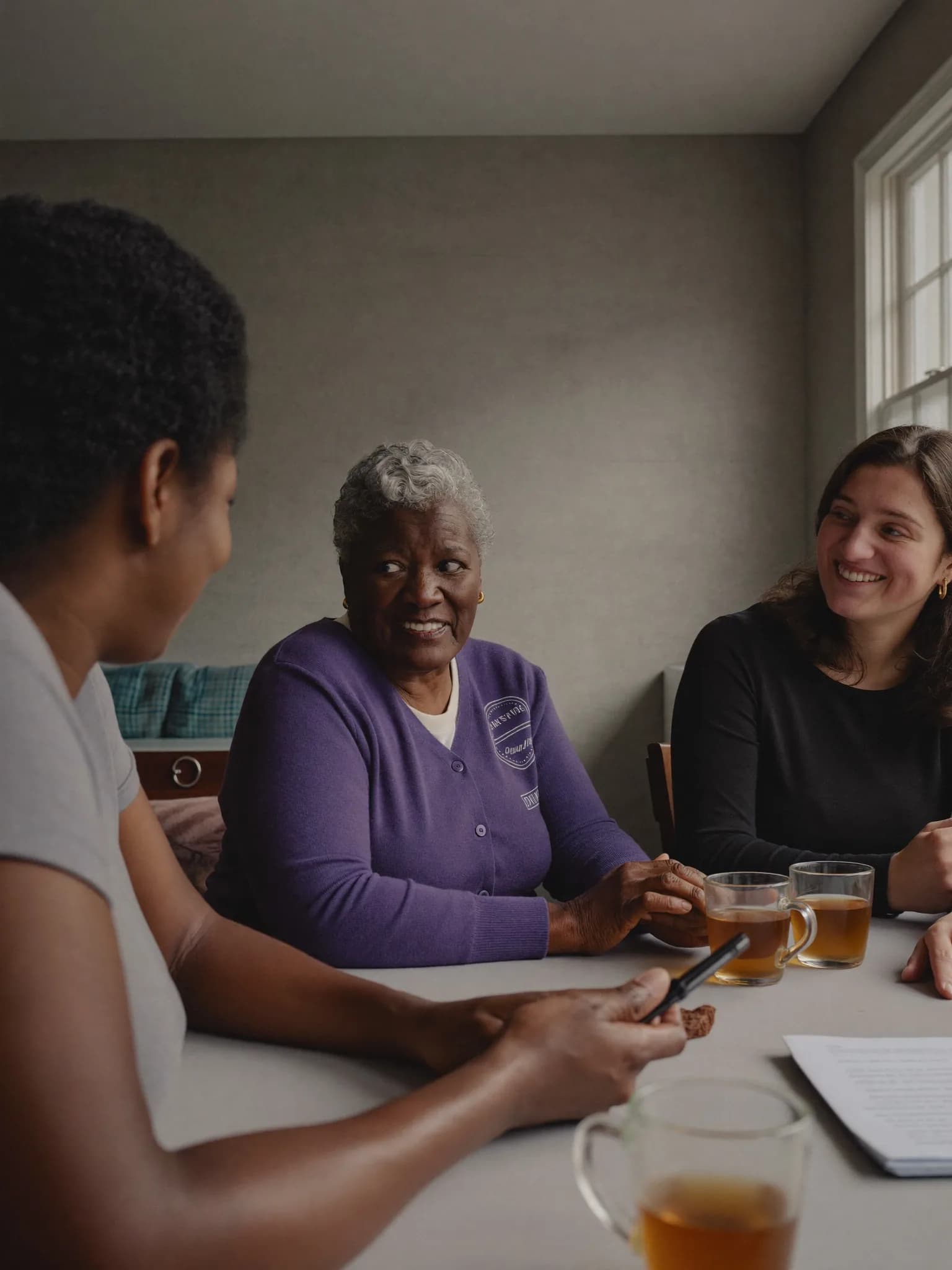 An older woman talking with two younger women around a table